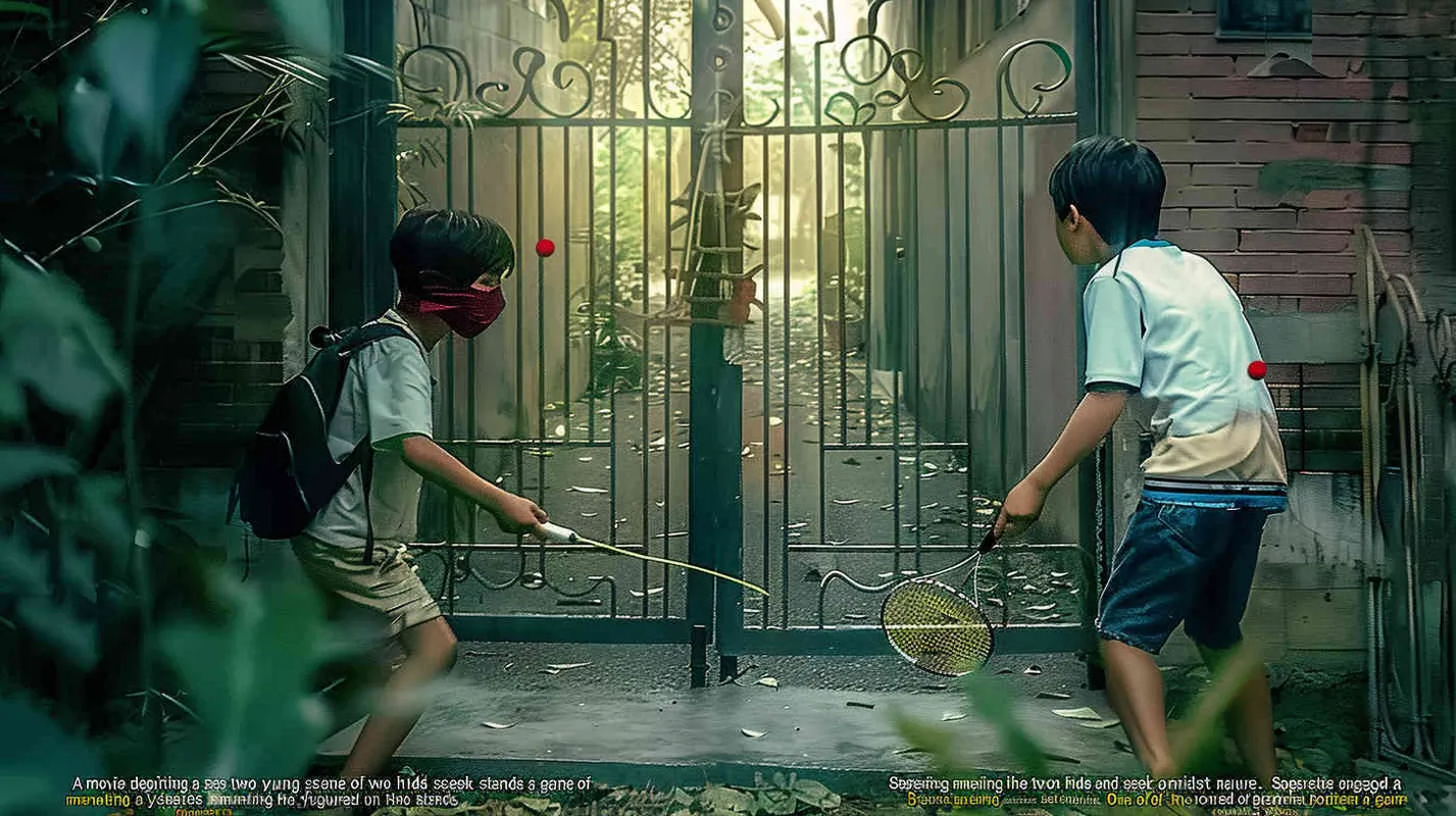 movie poster, two male college students playing hide and seek outdoors. There is a door between the two college students. The male college student on the left bends down to hold a badminton racket, while the male college student on the right faces the glowing iron door. The eyes of both college students are covered with red cloth, and some badminton balls are scattered on the ground - style3部分