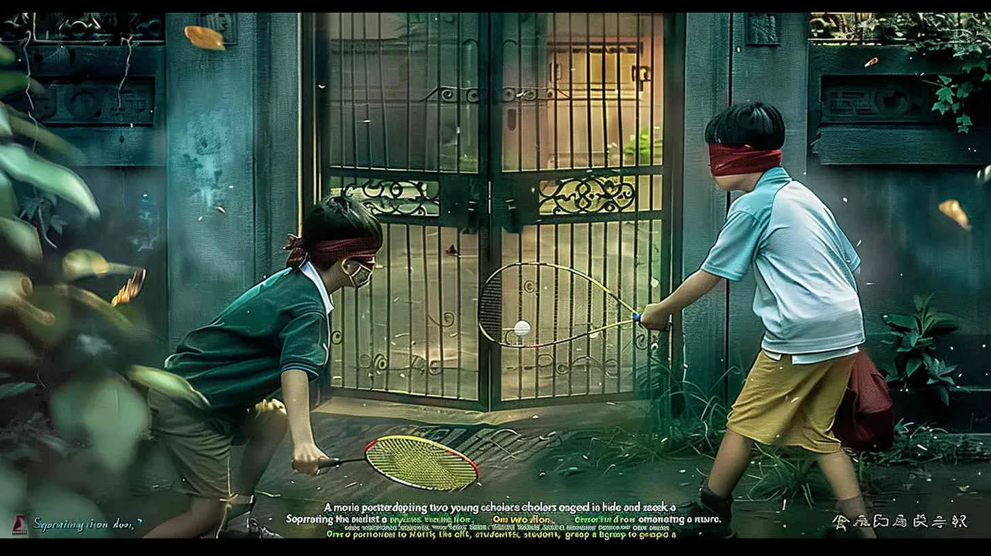 movie poster, two male college students playing hide and seek outdoors. There is a door between the two college students. The male college student on the left bends down to hold a badminton racket, while the male college student on the right faces the glowing iron door. The eyes of both college students are covered with red cloth, and some badminton balls are scattered on the ground - style4部分