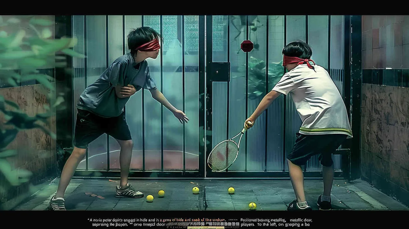 movie poster, two male college students playing hide and seek outdoors. There is a door between the two college students. The male college student on the left bends down to hold a badminton racket, while the male college student on the right faces the glowing iron door. The eyes of both college students are covered with red cloth, and some badminton balls are scattered on the ground - style1部分