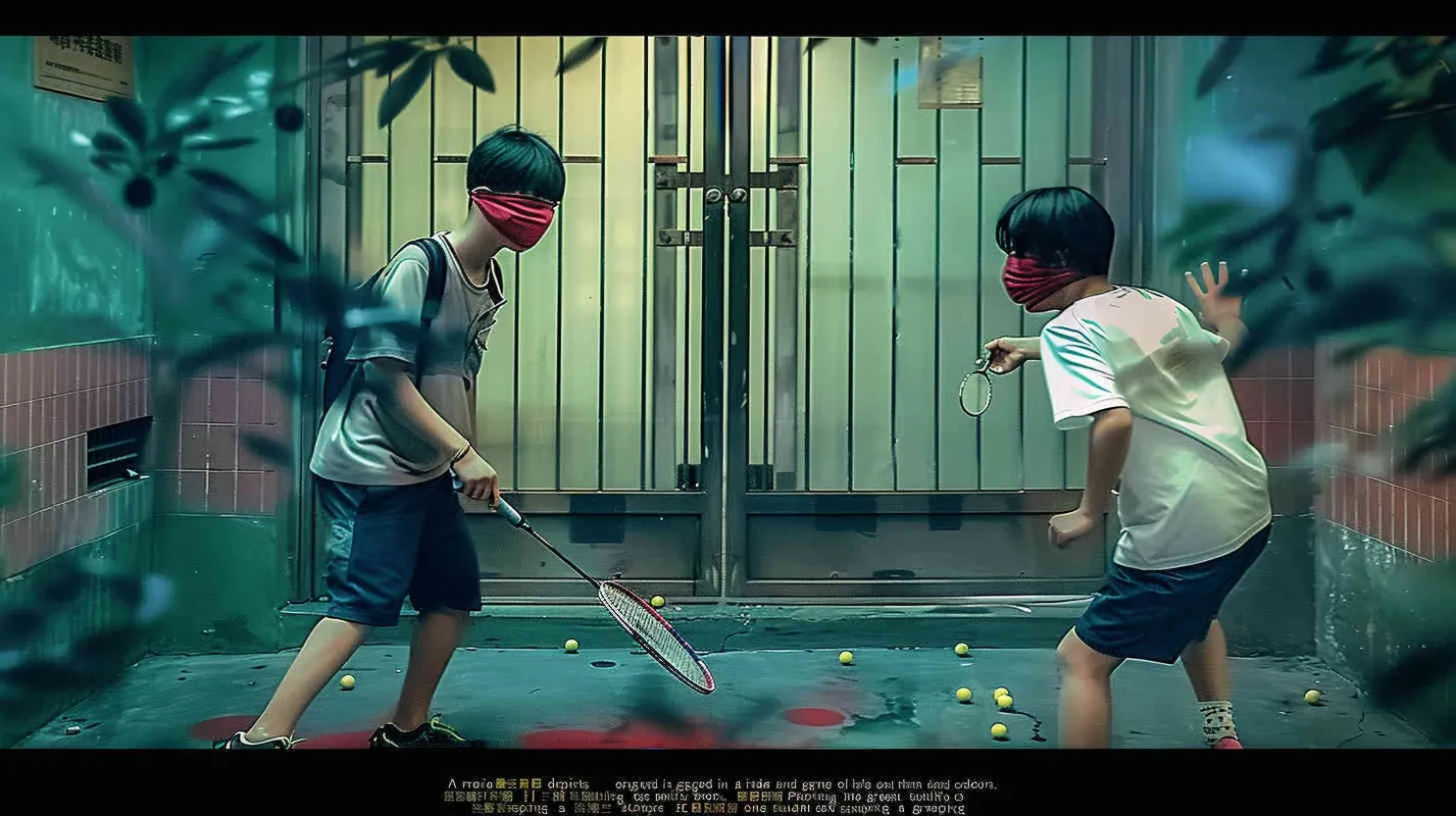 movie poster, two male college students playing hide and seek outdoors. There is a door between the two college students. The male college student on the left bends down to hold a badminton racket, while the male college student on the right faces the glowing iron door. The eyes of both college students are covered with red cloth, and some badminton balls are scattered on the ground - style2部分