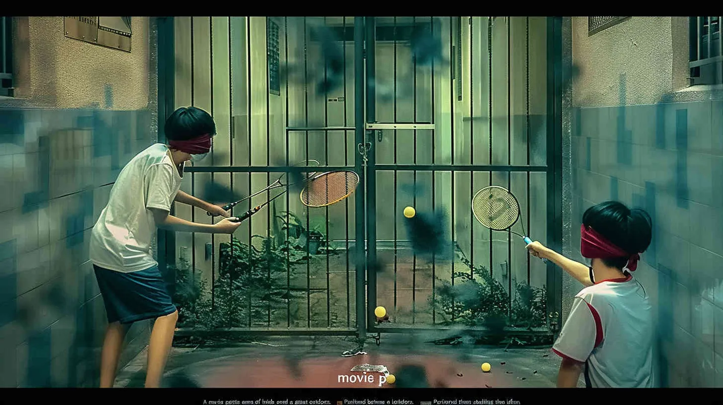 movie poster, two male college students playing hide and seek outdoors. There is a door between the two college students. The male college student on the left bends down to hold a badminton racket, while the male college student on the right faces the glowing iron door. The eyes of both college students are covered with red cloth, and some badminton balls are scattered on the ground - style3部分