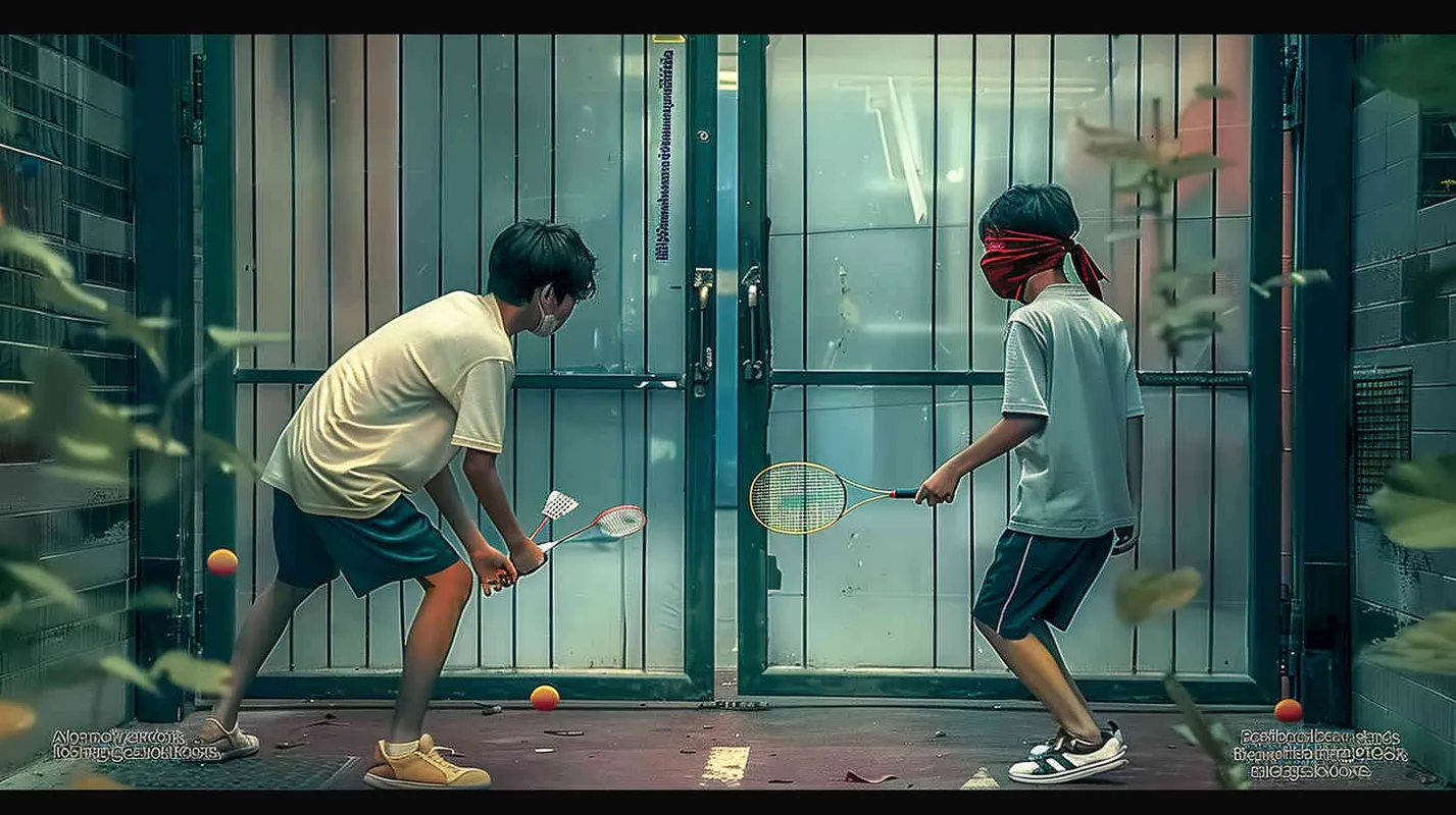 movie poster, two male college students playing hide and seek outdoors. There is a door between the two college students. The male college student on the left bends down to hold a badminton racket, while the male college student on the right faces the glowing iron door. The eyes of both college students are covered with red cloth, and some badminton balls are scattered on the ground - style4部分