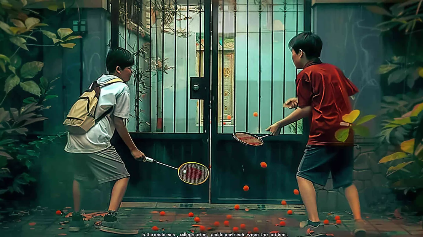 movie poster, two male college students playing hide and seek outdoors. There is a door between the two college students. The male college student on the left bends down to hold a badminton racket, while the male college student on the right faces the glowing iron door. The eyes of both college students are covered with red cloth, and some badminton balls are scattered on the ground - style2部分