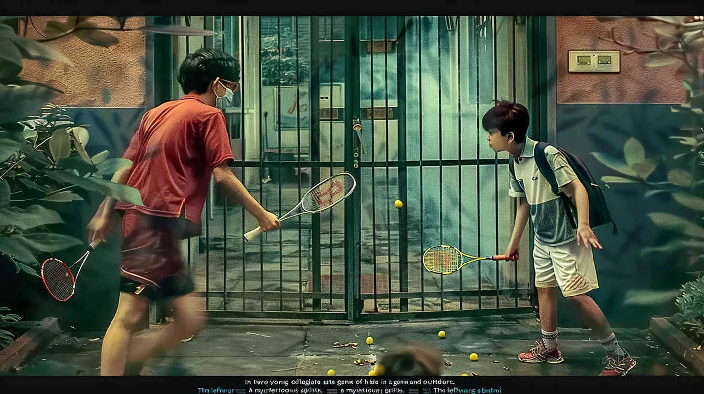 movie poster, two male college students playing hide and seek outdoors. There is a door between the two college students. The male college student on the left bends down to hold a badminton racket, while the male college student on the right faces the glowing iron door. The eyes of both college students are covered with red cloth, and some badminton balls are scattered on the ground - style3部分