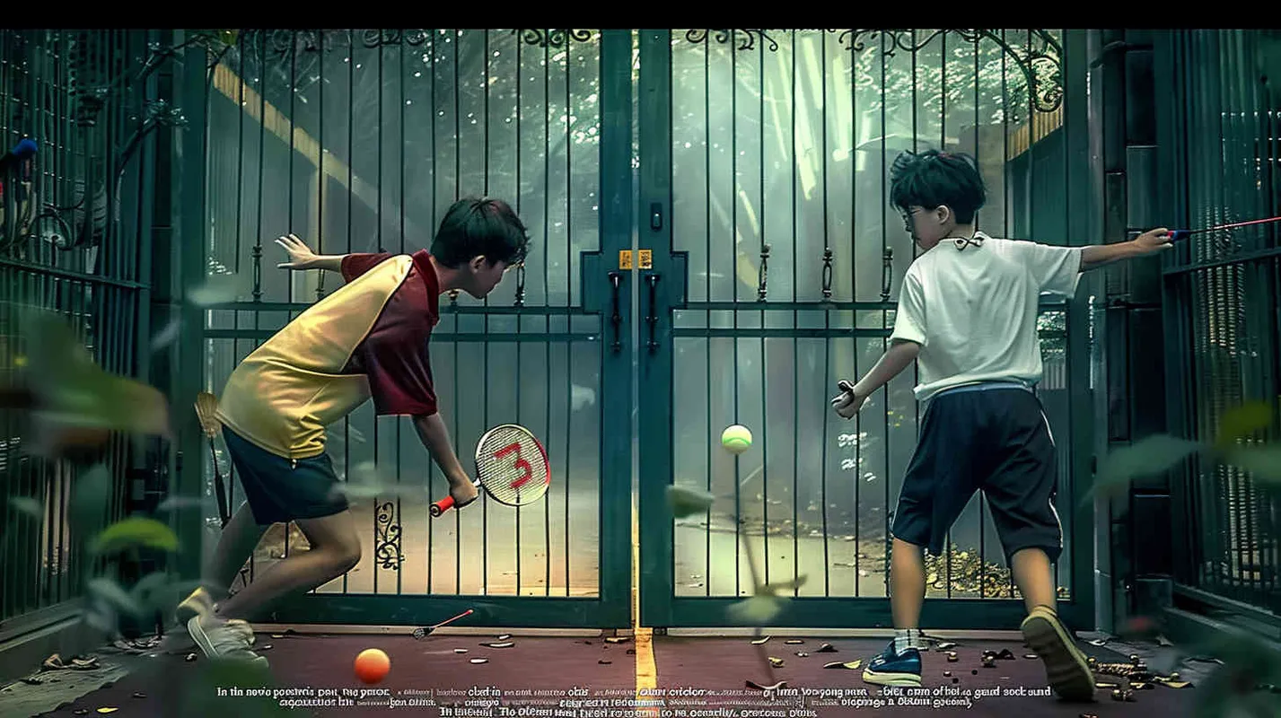 movie poster, two male college students playing hide and seek outdoors. There is a door between the two college students. The male college student on the left bends down to hold a badminton racket, while the male college student on the right faces the glowing iron door. The eyes of both college students are covered with red cloth, and some badminton balls are scattered on the ground - style4部分