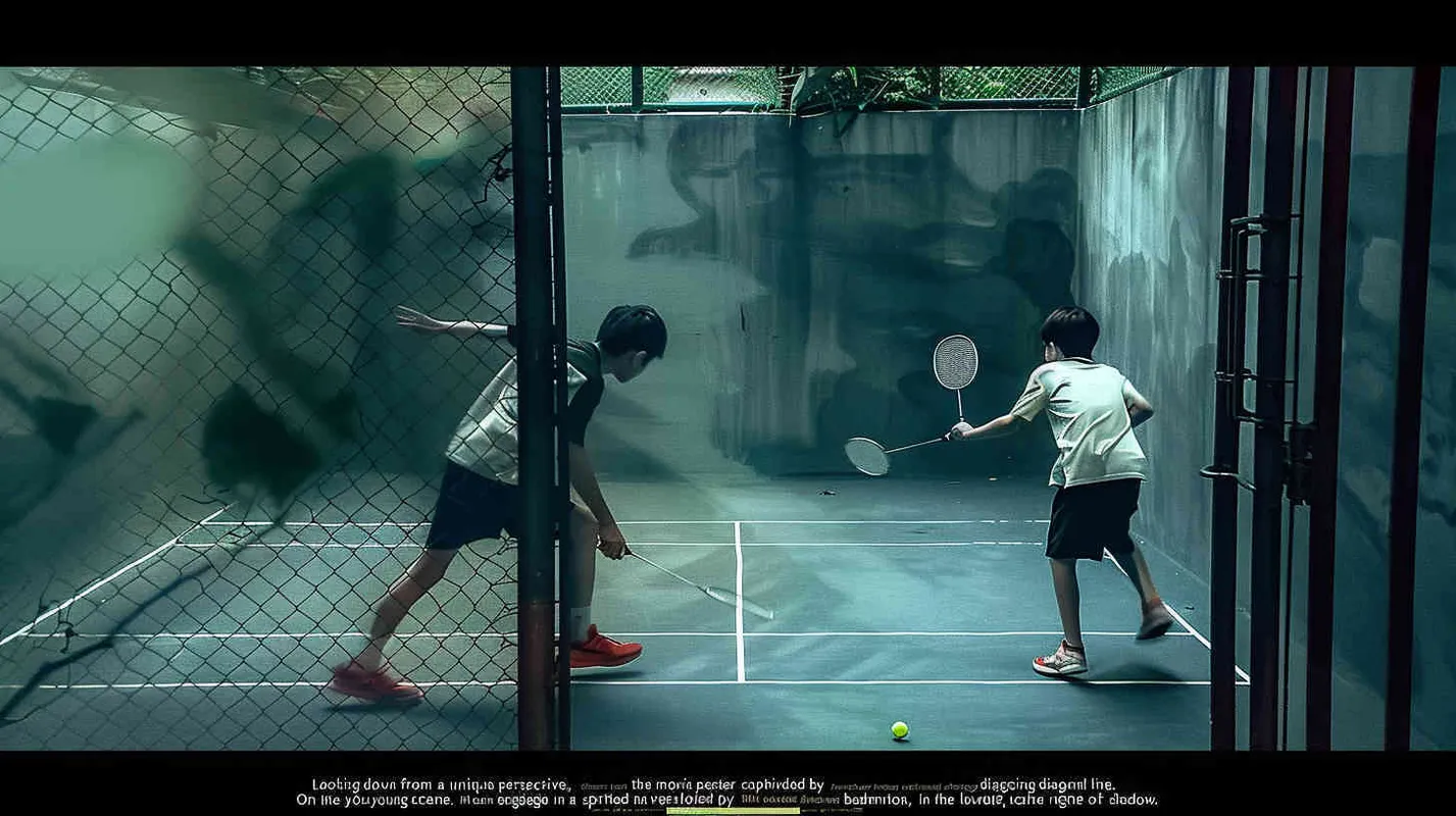 a movie poster, looking down from the angle of view, the picture is divided into two parts by the diagonal line. In the upper left corner, two male college students are playing play badminton. The light is dark. In the lower right corner, a male student is holding a badminton racket with his back facing the upper left corner. The light is bright - style1部分
