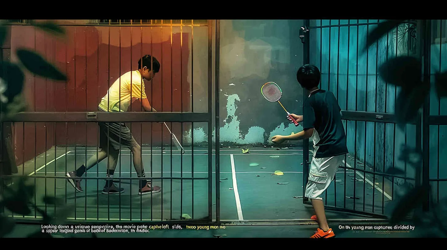 a movie poster, looking down from the angle of view, the picture is divided into two parts by the diagonal line. In the upper left corner, two male college students are playing play badminton. The light is dark. In the lower right corner, a male student is holding a badminton racket with his back facing the upper left corner. The light is bright - style2部分