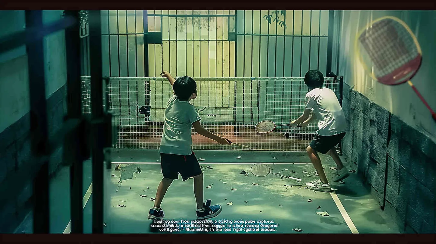 a movie poster, looking down from the angle of view, the picture is divided into two parts by the diagonal line. In the upper left corner, two male college students are playing play badminton. The light is dark. In the lower right corner, a male student is holding a badminton racket with his back facing the upper left corner. The light is bright - style3部分
