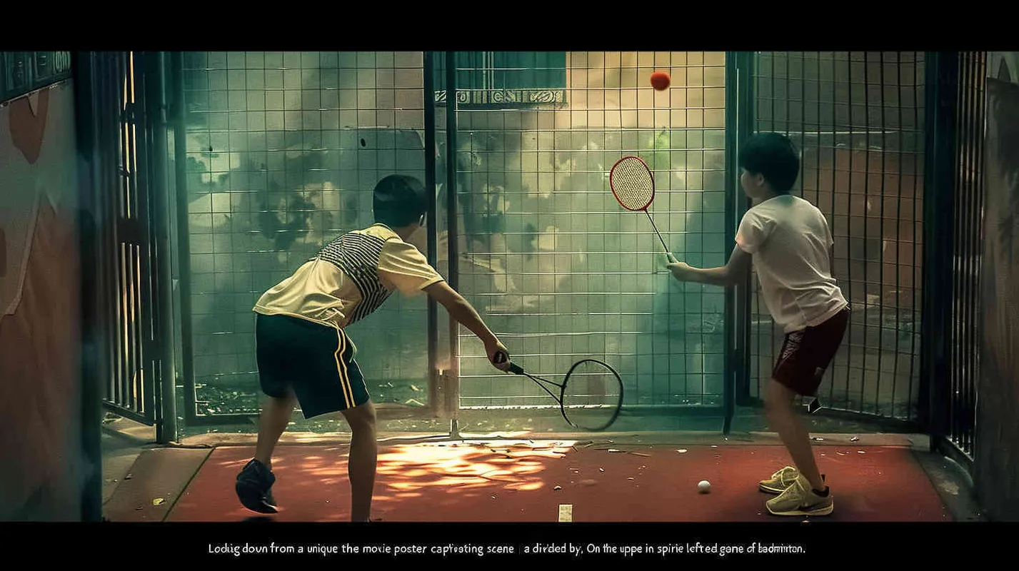 a movie poster, looking down from the angle of view, the picture is divided into two parts by the diagonal line. In the upper left corner, two male college students are playing play badminton. The light is dark. In the lower right corner, a male student is holding a badminton racket with his back facing the upper left corner. The light is bright - style4部分