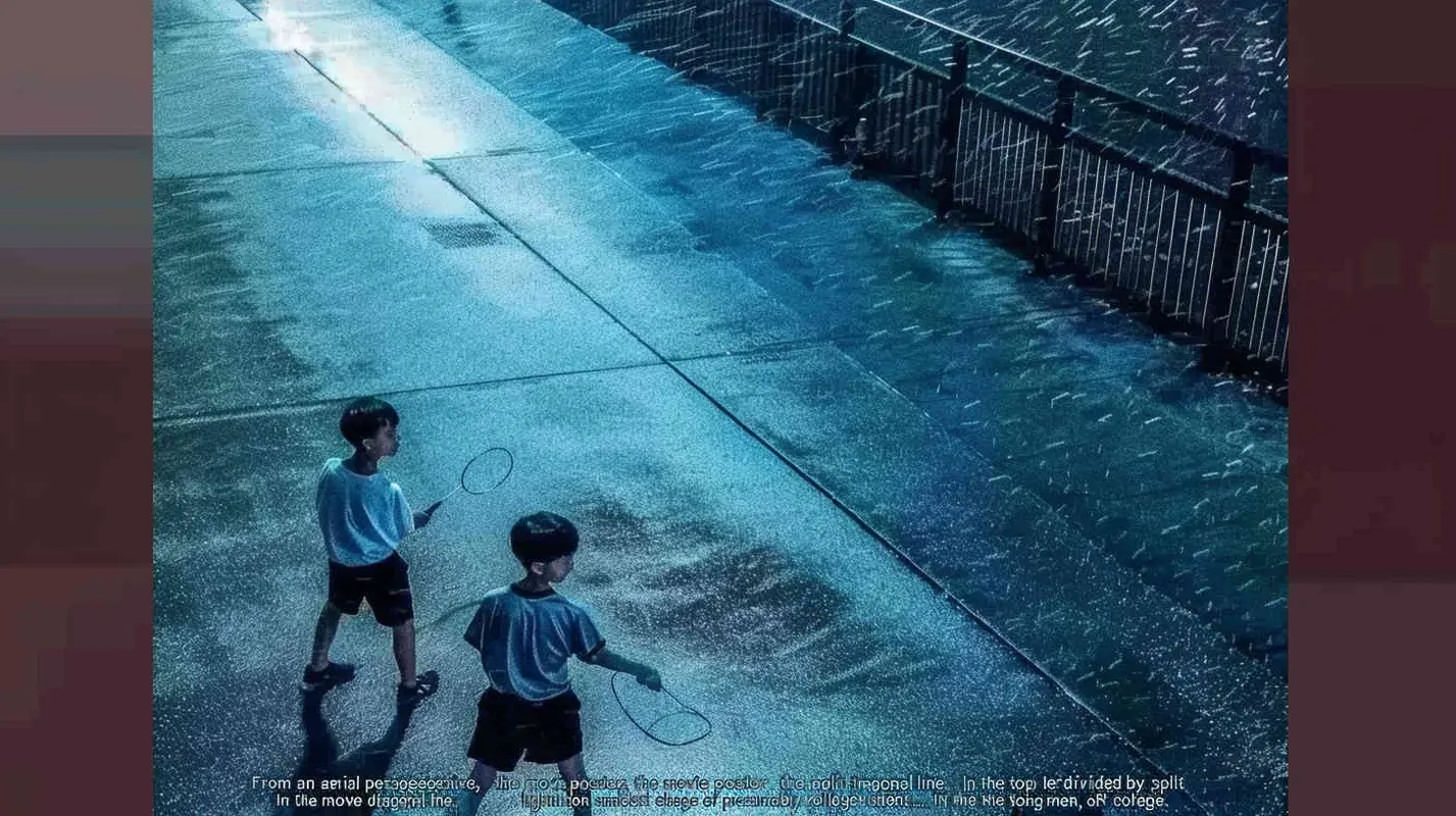 a movie poster, looking down from the angle of view, the picture is divided into two parts by the diagonal line. In the upper left corner, two male college students are playing play badminton. The light is dark. In the lower right corner, a male student is holding a badminton racket with his back facing the upper left corner. The light is bright – AI绘画作品展示 | Midjourney中文版生成