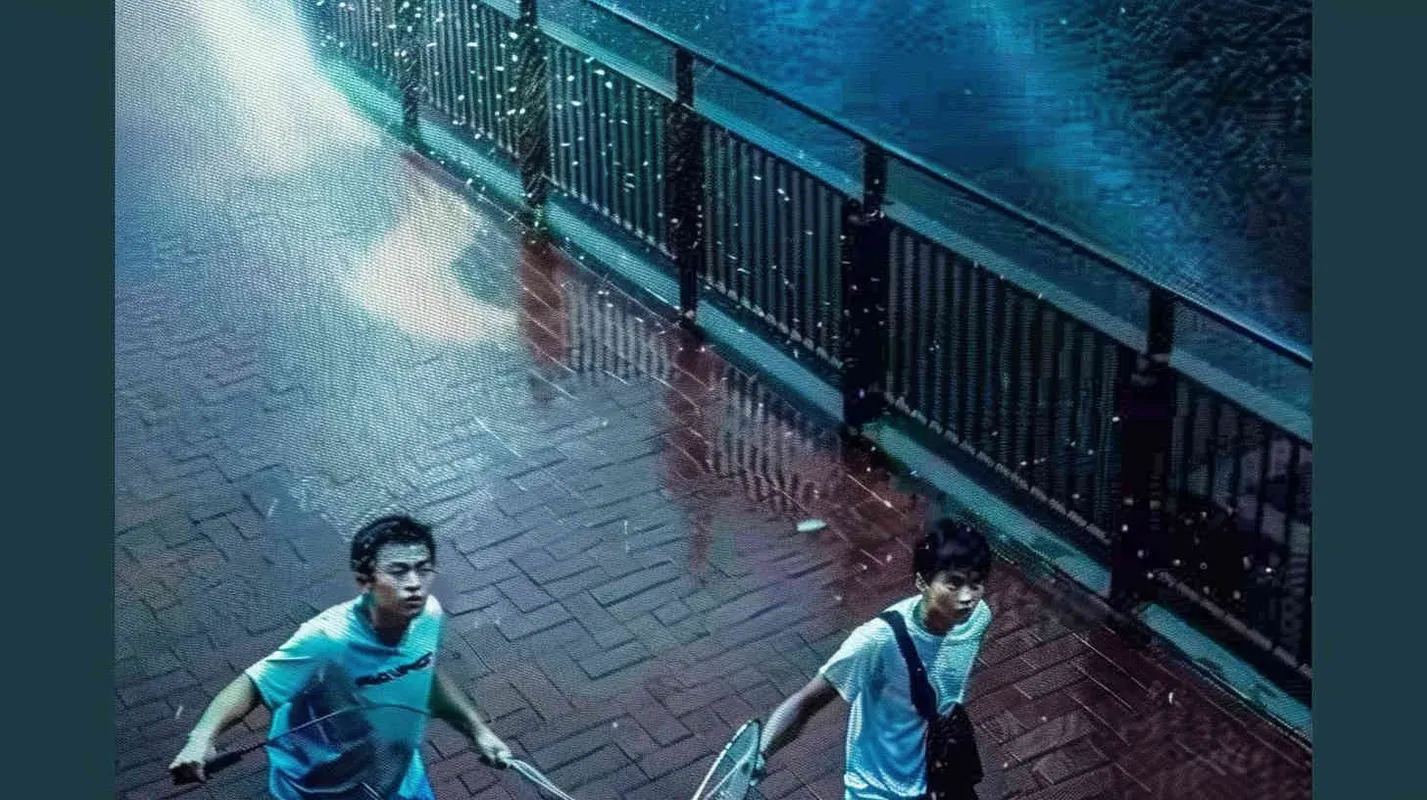 a movie poster, looking down from the angle of view, the picture is divided into two parts by the diagonal line. In the upper left corner, two male college students are playing play badminton. The light is dark. In the lower right corner, a male student is holding a badminton racket with his back facing the upper left corner. The light is bright - style2部分
