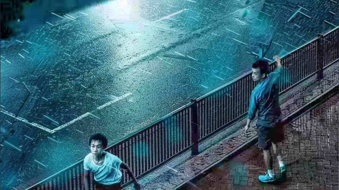 a movie poster, looking down from the angle of view, the picture is divided into two parts by the diagonal line. In the upper left corner, two male college students are playing play badminton. The light is dark. In the lower right corner, a male student is holding a badminton racket with his back facing the upper left corner. The light is bright - style3部分