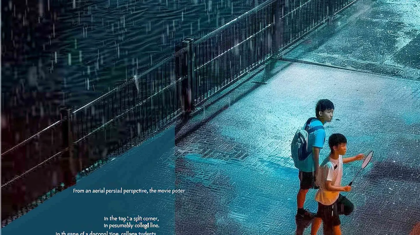 a movie poster, looking down from the angle of view, the picture is divided into two parts by the diagonal line. In the upper left corner, two male college students are playing play badminton. The light is dark. In the lower right corner, a male student is holding a badminton racket with his back facing the upper left corner. The light is bright - style4部分