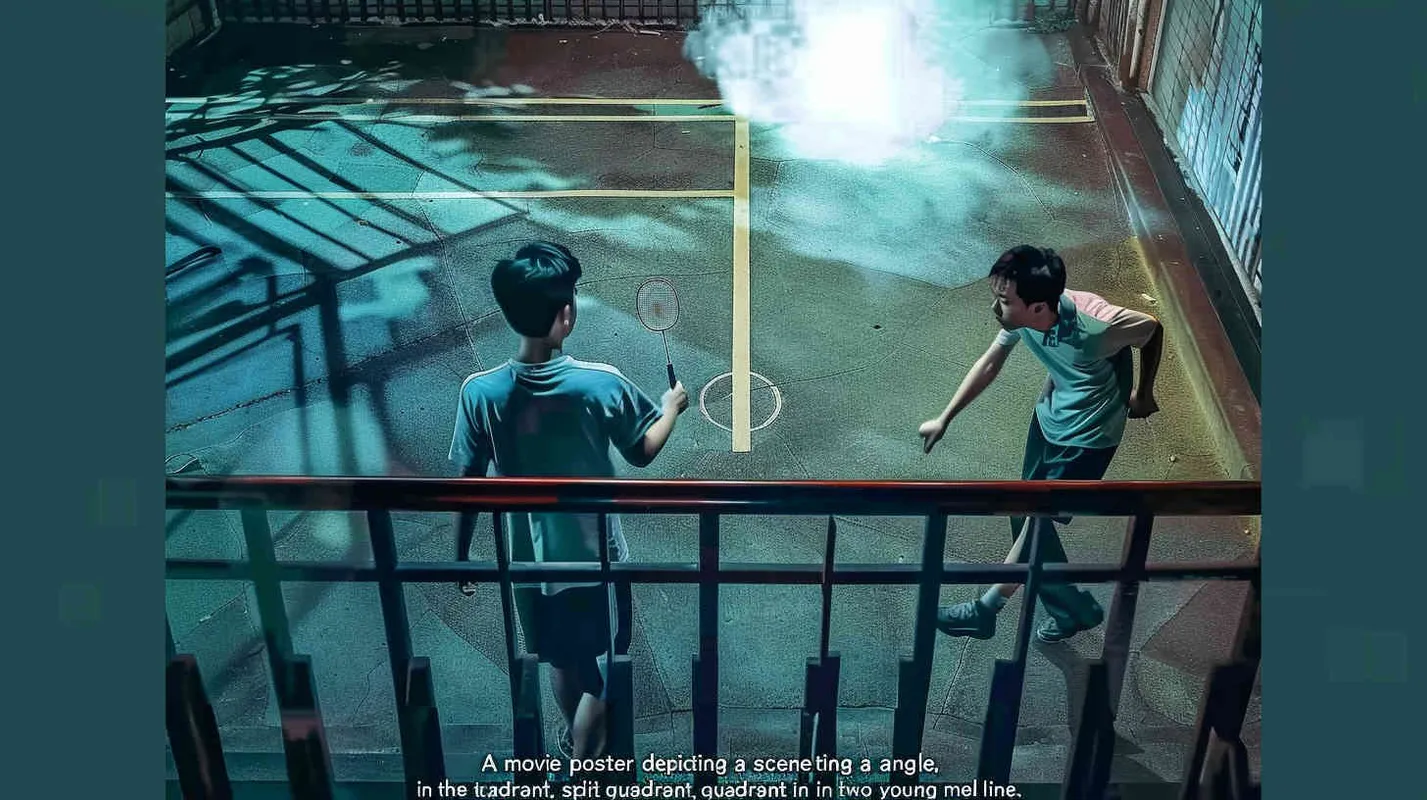 a movie poster, looking down from the angle of view, the picture is divided into two parts by the diagonal line. In the upper left corner, two male college students are playing play badminton. The light is dark. In the lower right corner, a male student is holding a badminton racket with his back facing the upper left corner. The light is bright - style2部分
