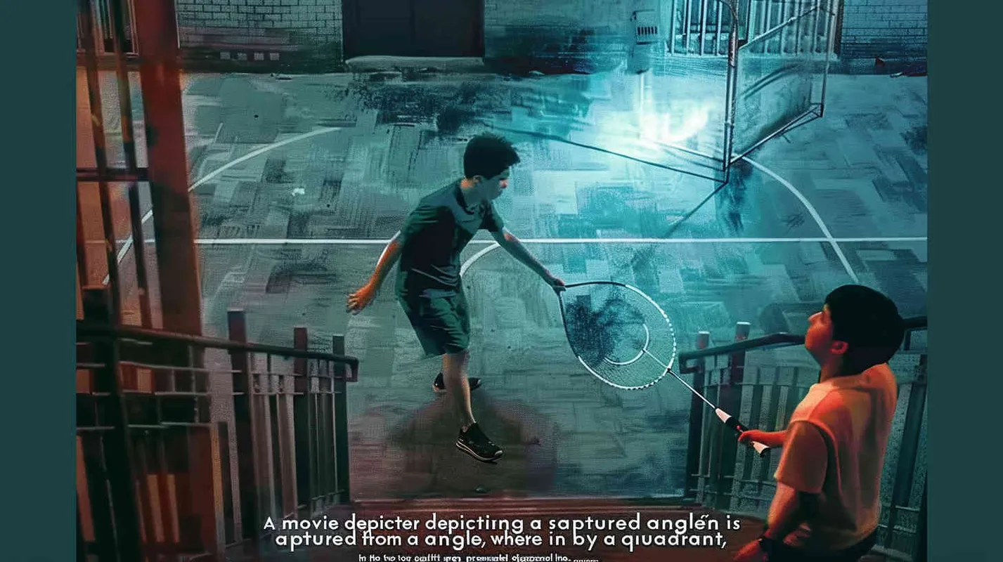 a movie poster, looking down from the angle of view, the picture is divided into two parts by the diagonal line. In the upper left corner, two male college students are playing play badminton. The light is dark. In the lower right corner, a male student is holding a badminton racket with his back facing the upper left corner. The light is bright - style3部分