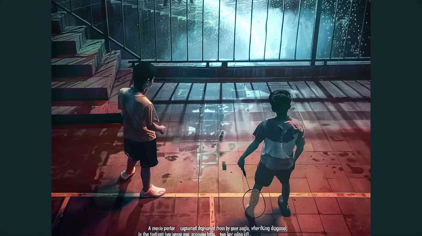a movie poster, looking down from the angle of view, the picture is divided into two parts by the diagonal line. In the upper left corner, two male college students are playing play badminton. The light is dark. In the lower right corner, a male student is holding a badminton racket with his back facing the upper left corner. The light is bright - style4部分