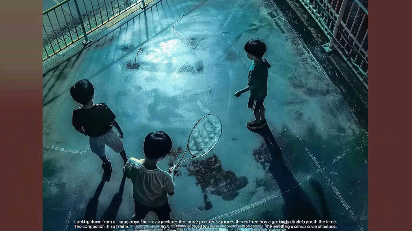 a movie poster, looking down from the angle of view, there are three boys in the picture. The picture is divided into two parts by the diagonal line. In the upper left corner, two male college students are playing play badminton. The light is dark. In the lower right corner, a male student is holding a badminton racket with his back facing the upper left corner. The light is very bright - style1部分
