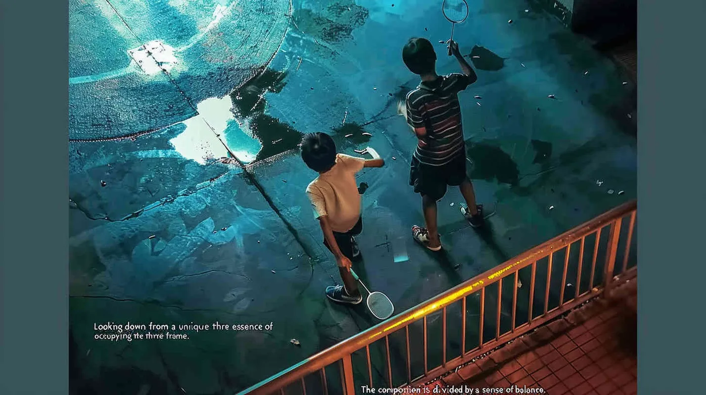 a movie poster, looking down from the angle of view, there are three boys in the picture. The picture is divided into two parts by the diagonal line. In the upper left corner, two male college students are playing play badminton. The light is dark. In the lower right corner, a male student is holding a badminton racket with his back facing the upper left corner. The light is very bright - style2部分