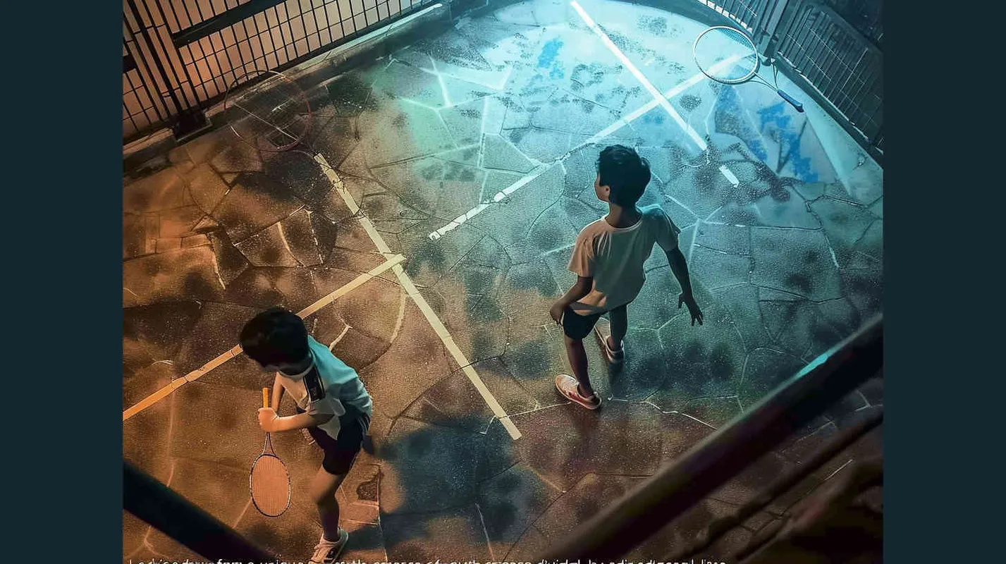a movie poster, looking down from the angle of view, there are three boys in the picture. The picture is divided into two parts by the diagonal line. In the upper left corner, two male college students are playing play badminton. The light is dark. In the lower right corner, a male student is holding a badminton racket with his back facing the upper left corner. The light is very bright - style3部分