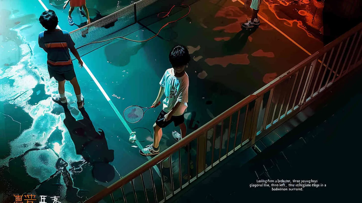 a movie poster, looking down from the angle of view, there are three boys in the picture. The picture is divided into two parts by the diagonal line. In the upper left corner, two male college students are playing play badminton. The light is dark. In the lower right corner, a male student is holding a badminton racket with his back facing the upper left corner. The light is very bright - style2部分