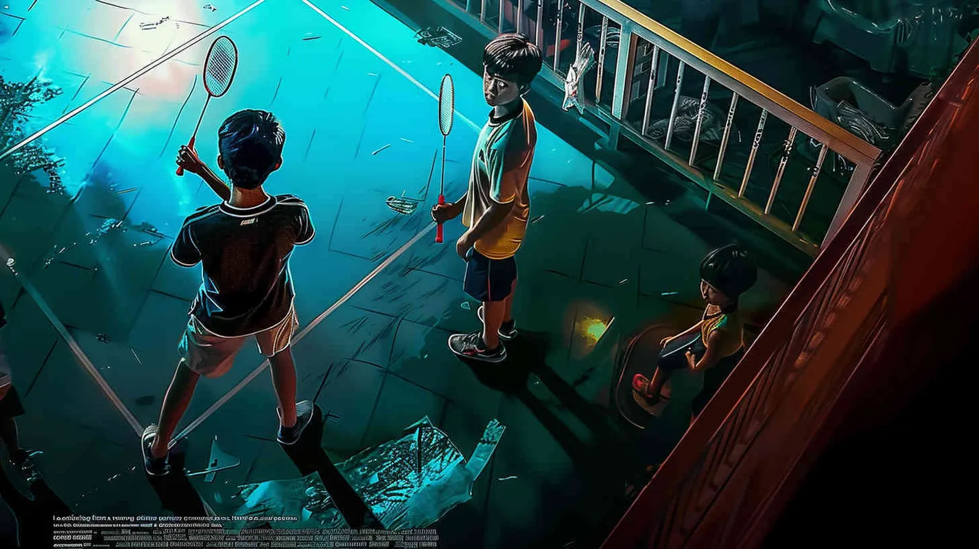 a movie poster, looking down from the angle of view, there are three boys in the picture. The picture is divided into two parts by the diagonal line. In the upper left corner, two male college students are playing play badminton. The light is dark. In the lower right corner, a male student is holding a badminton racket with his back facing the upper left corner. The light is very bright - style3部分