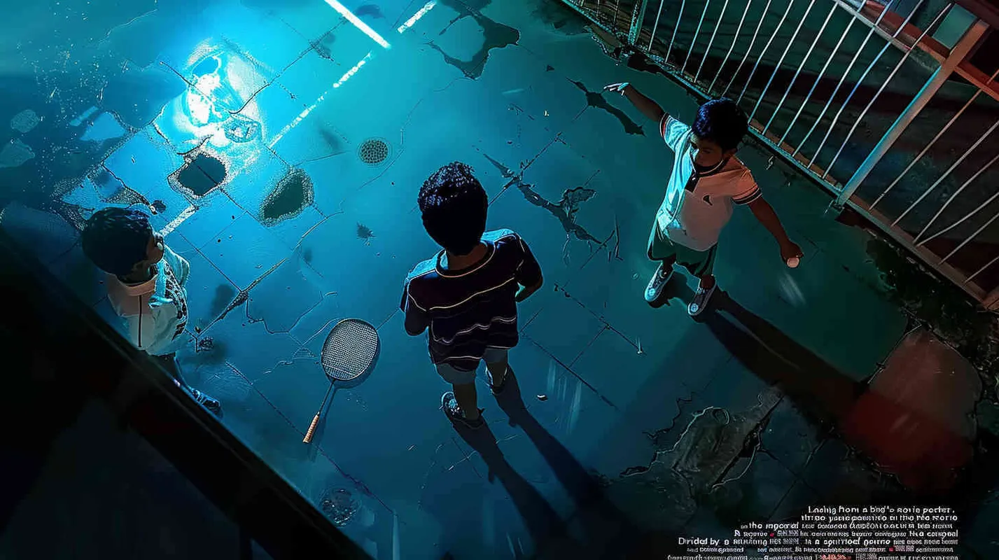 a movie poster, looking down from the angle of view, there are three boys in the picture. The picture is divided into two parts by the diagonal line. In the upper left corner, two male college students are playing play badminton. The light is dark. In the lower right corner, a male student is holding a badminton racket with his back facing the upper left corner. The light is very bright - style4部分