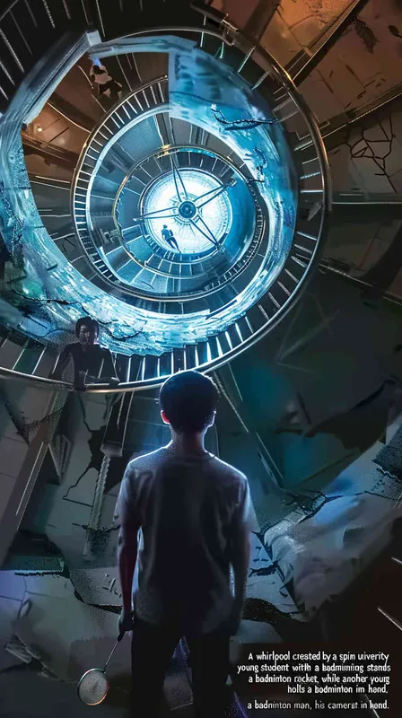 A vortex formed by a rotating staircase, with a male college student standing inside with a badminton racket, and another male college student holding a badminton racket with his back to the camera. poster - style3部分