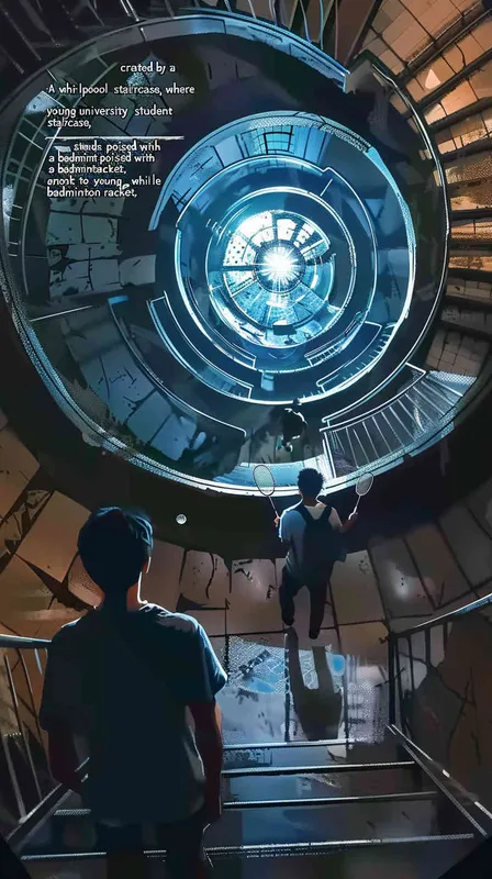 A vortex formed by a rotating staircase, with a male college student standing inside with a badminton racket, and another male college student holding a badminton racket with his back to the camera. poster - style4部分