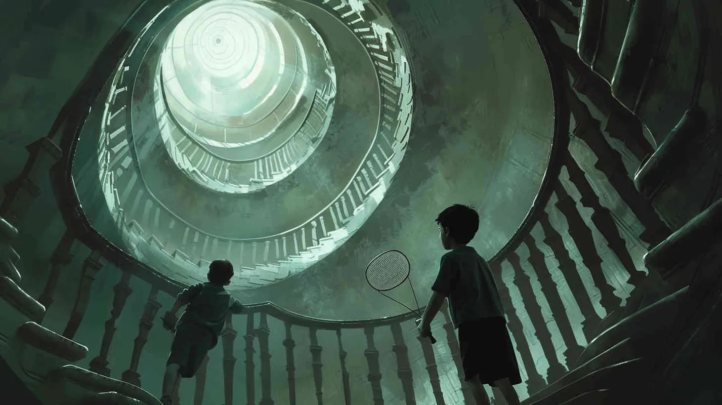 A vortex formed by a spiral staircase, with one boy holding a badminton racket standing inside the vortex, and another boy holding a badminton racket with his back facing the camera. Poster - style1部分