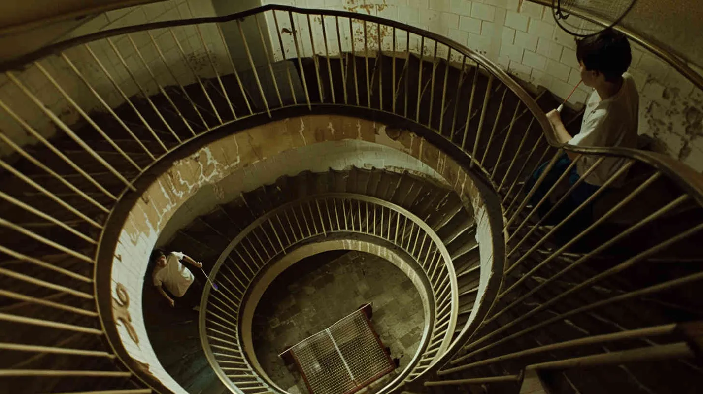 A vortex formed by a spiral staircase, with one boy holding a badminton racket standing inside the vortex, and another boy holding a badminton racket with his back facing the camera. Poster - style2部分