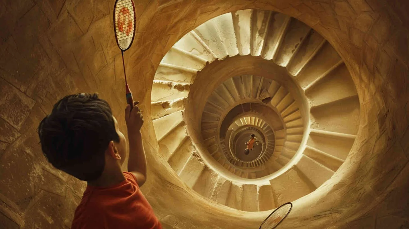A vortex formed by a spiral staircase, with one boy holding a badminton racket standing inside the vortex, and another boy holding a badminton racket with his back facing the camera. Poster - style3部分