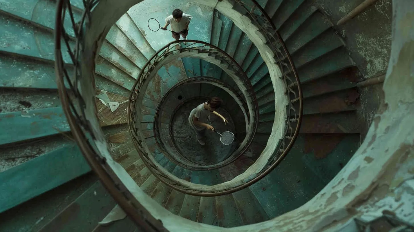 A vortex formed by a spiral staircase, with one boy holding a badminton racket standing inside the vortex, and another boy holding a badminton racket with his back facing the camera. Poster - style4部分