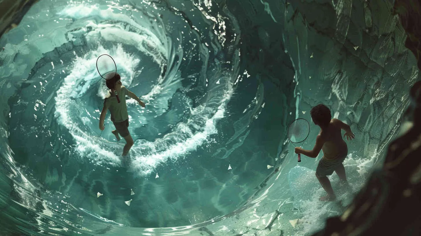 A vortex formed by a spiral staircase, with one boy holding a badminton racket standing inside the vortex, and another boy holding a badminton racket with his back facing the camera. Poste Add  white scattered shuttlecock to the picture - style1部分