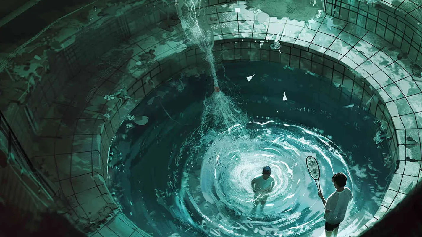 A vortex formed by a spiral staircase, with one boy holding a badminton racket standing inside the vortex, and another boy holding a badminton racket with his back facing the camera. Poste Add  white scattered shuttlecock to the picture - style2部分
