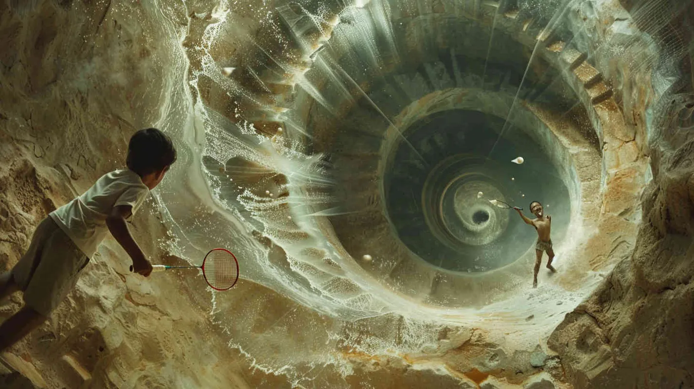 A vortex formed by a spiral staircase, with one boy holding a badminton racket standing inside the vortex, and another boy holding a badminton racket with his back facing the camera. Poste Add  white scattered shuttlecock to the picture - style3部分