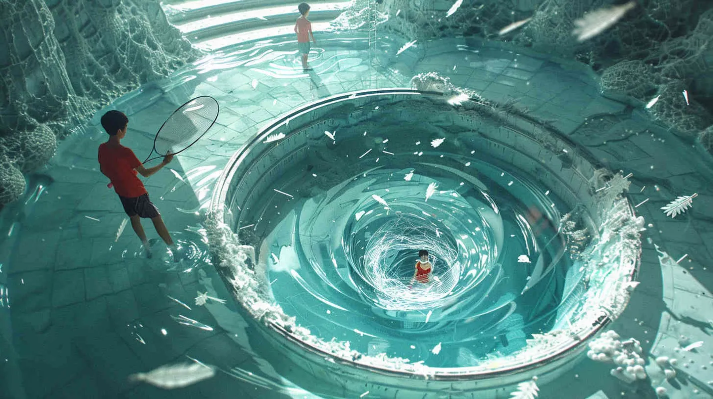A vortex formed by a spiral staircase, with one boy holding a badminton racket standing inside the vortex, and another boy holding a badminton racket with his back facing the camera. Poste Add  white scattered shuttlecock to the picture - style4部分