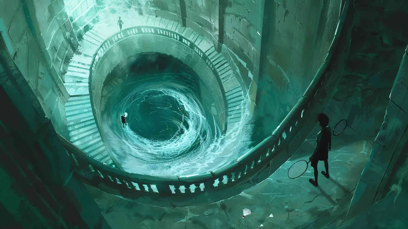 A vortex formed by a spiral staircase, with one young man holding a badminton racket standing inside the vortex, and another boy holding a badminton racket with his back facing the camera. Poste Add white scattered shuttlecock to the picture  - style1部分