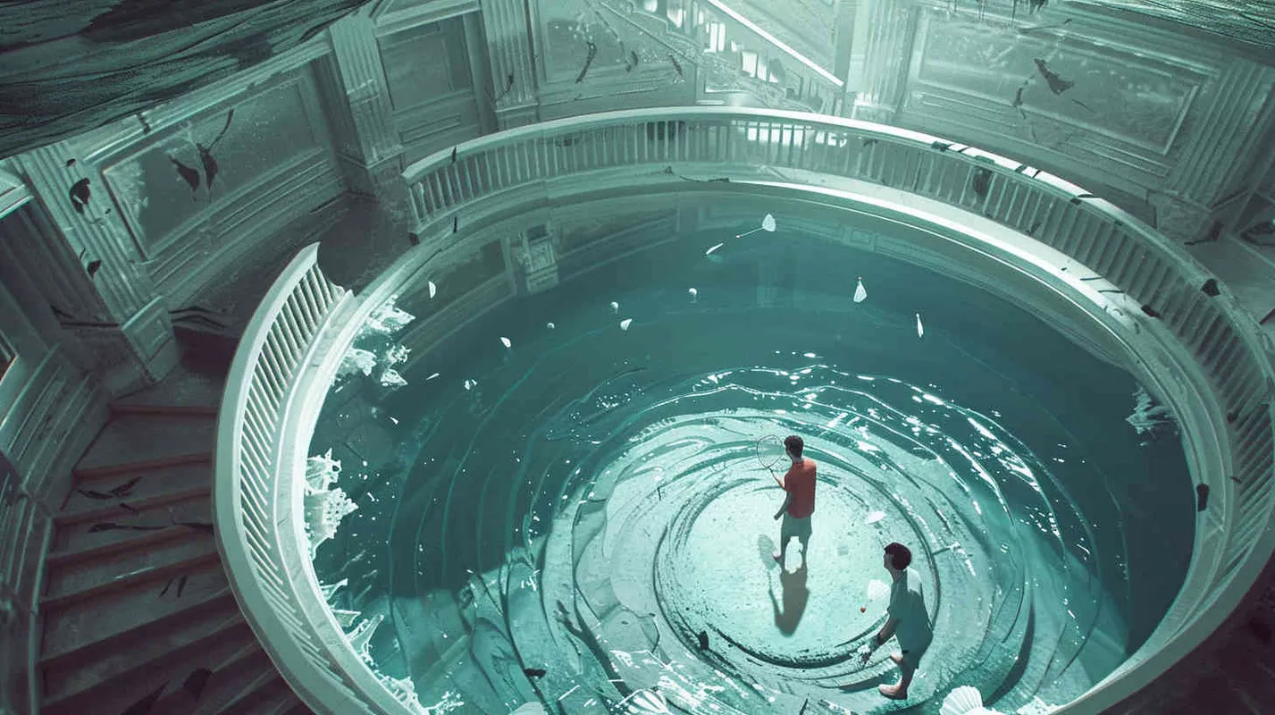 A vortex formed by a spiral staircase, with one young man holding a badminton racket standing inside the vortex, and another boy holding a badminton racket with his back facing the camera. Poste Add white scattered shuttlecock to the picture  - style2部分