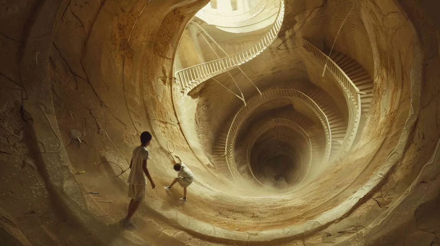 A vortex formed by a spiral staircase, with one young man holding a badminton racket standing inside the vortex, and another boy holding a badminton racket with his back facing the camera. Poste Add white scattered shuttlecock to the picture  - style3部分