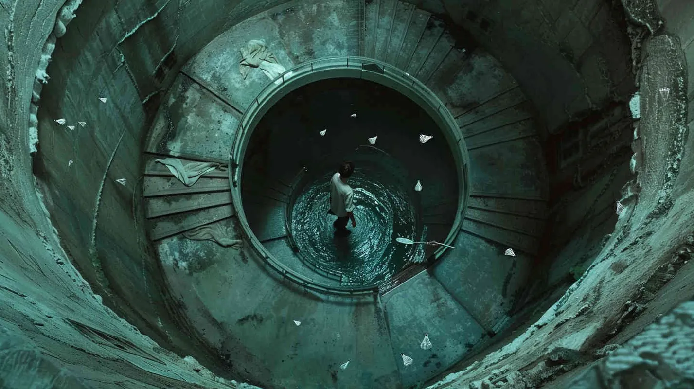 A vortex formed by a spiral staircase, with one young man holding a badminton racket standing inside the vortex, and another boy holding a badminton racket with his back facing the camera. Poste Add white scattered shuttlecock to the picture  - style4部分