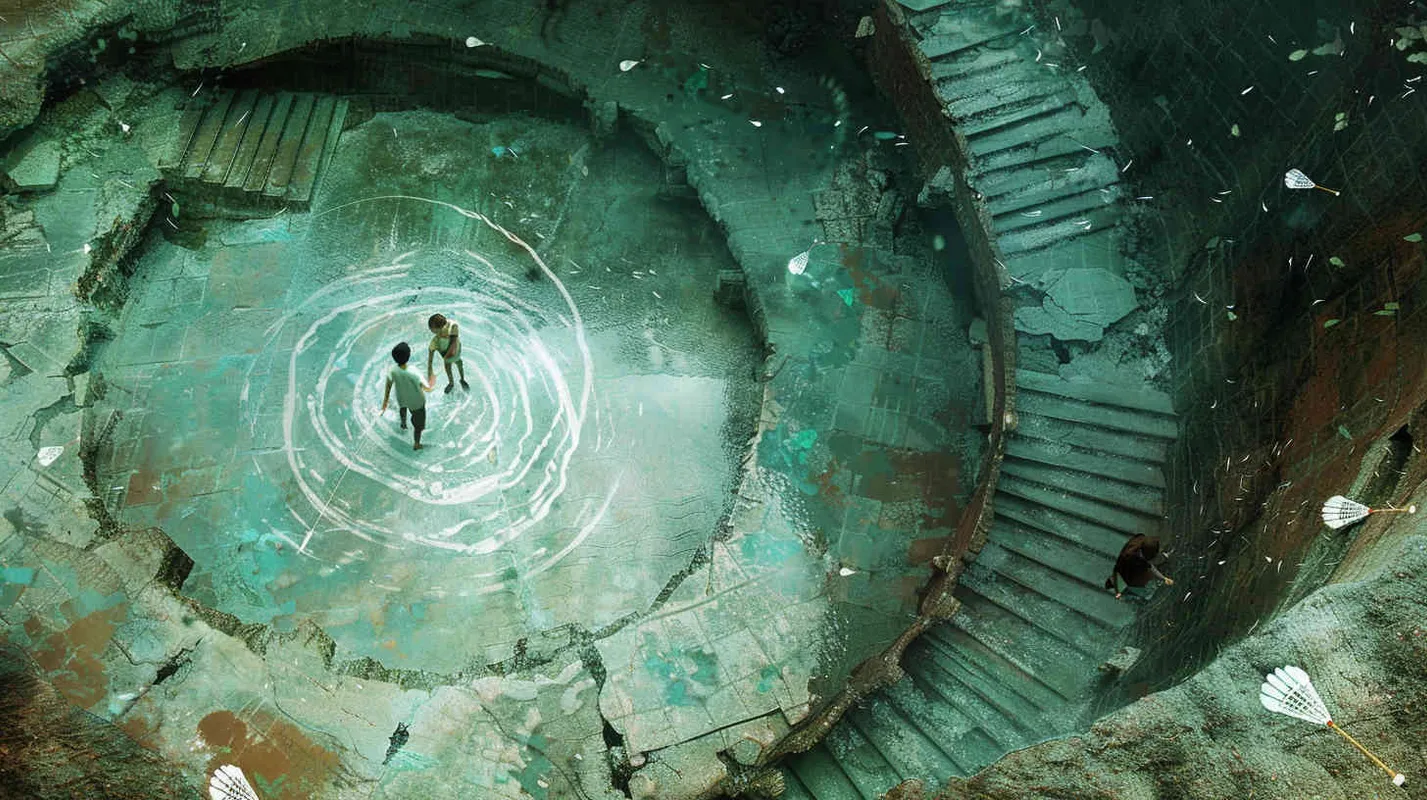 A vortex formed by a spiral staircase, with one young man holding a badminton racket standing inside the vortex, and another boy holding a badminton racket with his back facing the camera. Poste Add white scattered shuttlecock to the picture  - style1部分