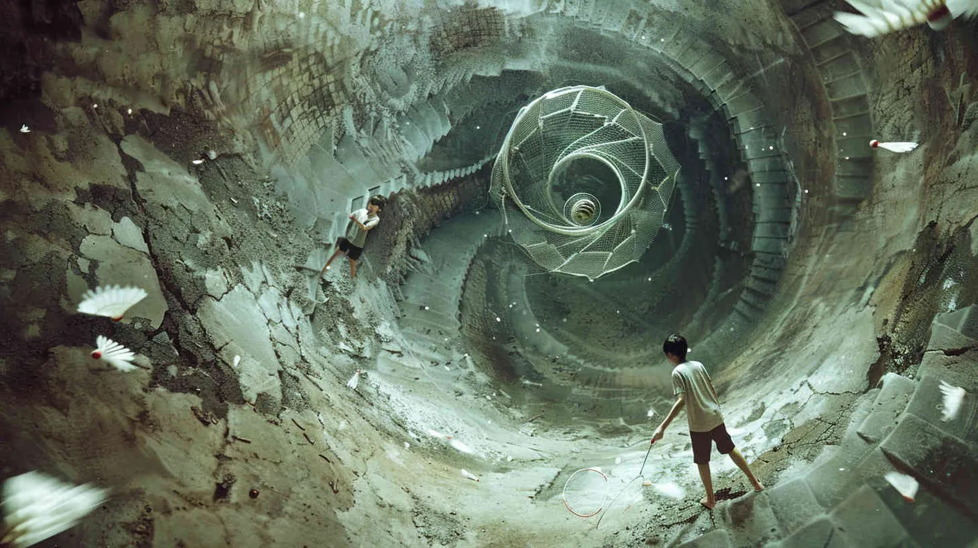 A vortex formed by a spiral staircase, with one young man holding a badminton racket standing inside the vortex, and another boy holding a badminton racket with his back facing the camera. Poste Add white scattered shuttlecock to the picture  - style3部分