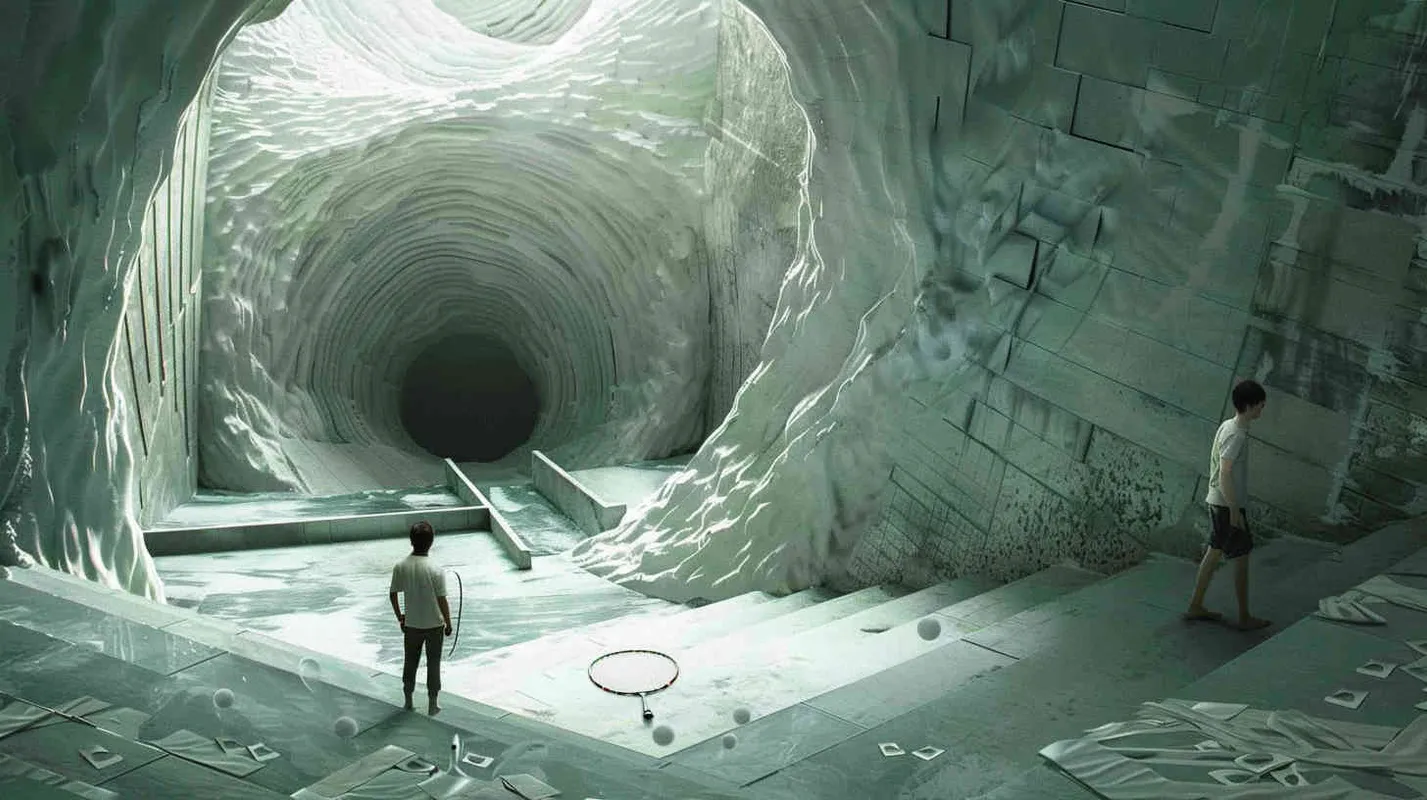 A vortex formed by a spiral staircase, with one young man holding a badminton racket standing inside the vortex, and another boy holding a badminton racket with his back facing the camera. Poste Add white scattered shuttlecock to the picture  - style4部分