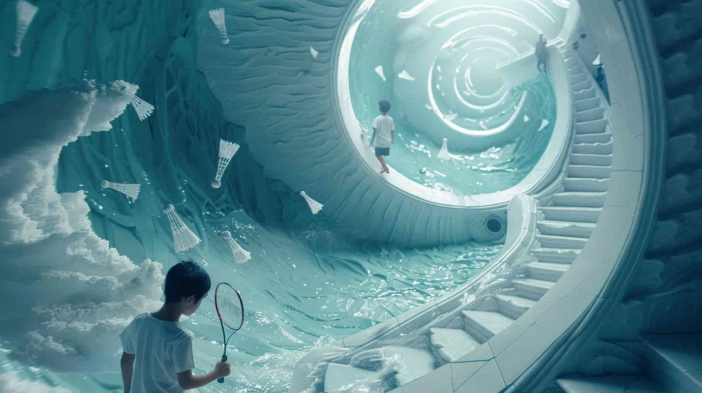 A vortex formed by a spiral staircase, with one young man holding a badminton racket standing inside the vortex, and another boy holding a badminton racket with his back facing the camera. Poste Add white scattered shuttlecock to the picture - AI绘画作品展示 | Midjourney中文版生成