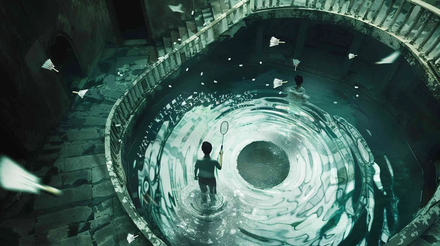 A vortex formed by a spiral staircase, with one young man holding a badminton racket standing inside the vortex, and another boy holding a badminton racket with his back facing the camera. Poste Add white scattered shuttlecock to the picture - AI绘画作品展示 | Midjourney中文版生成