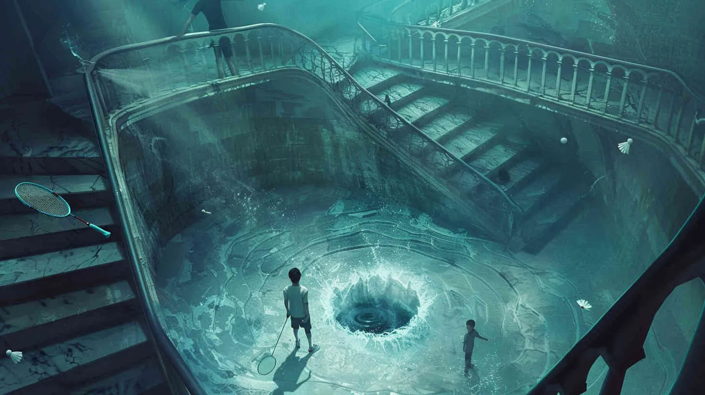 A vortex formed by a spiral staircase, with one young man holding a badminton racket standing inside the vortex, and another boy holding a badminton racket with his back facing the camera. Poste Add white scattered shuttlecock to the picture - AI绘画作品展示 | Midjourney中文版生成