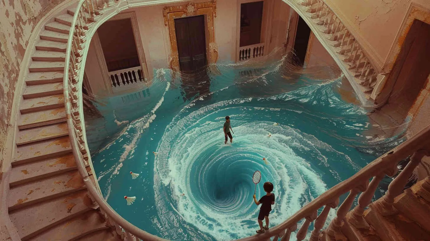 A vortex formed by a spiral staircase, with one young man holding a badminton racket standing inside the vortex, and another boy holding a badminton racket with his back facing the camera. Poste Add white scattered shuttlecock to the picture - AI绘画作品展示 | Midjourney中文版生成
