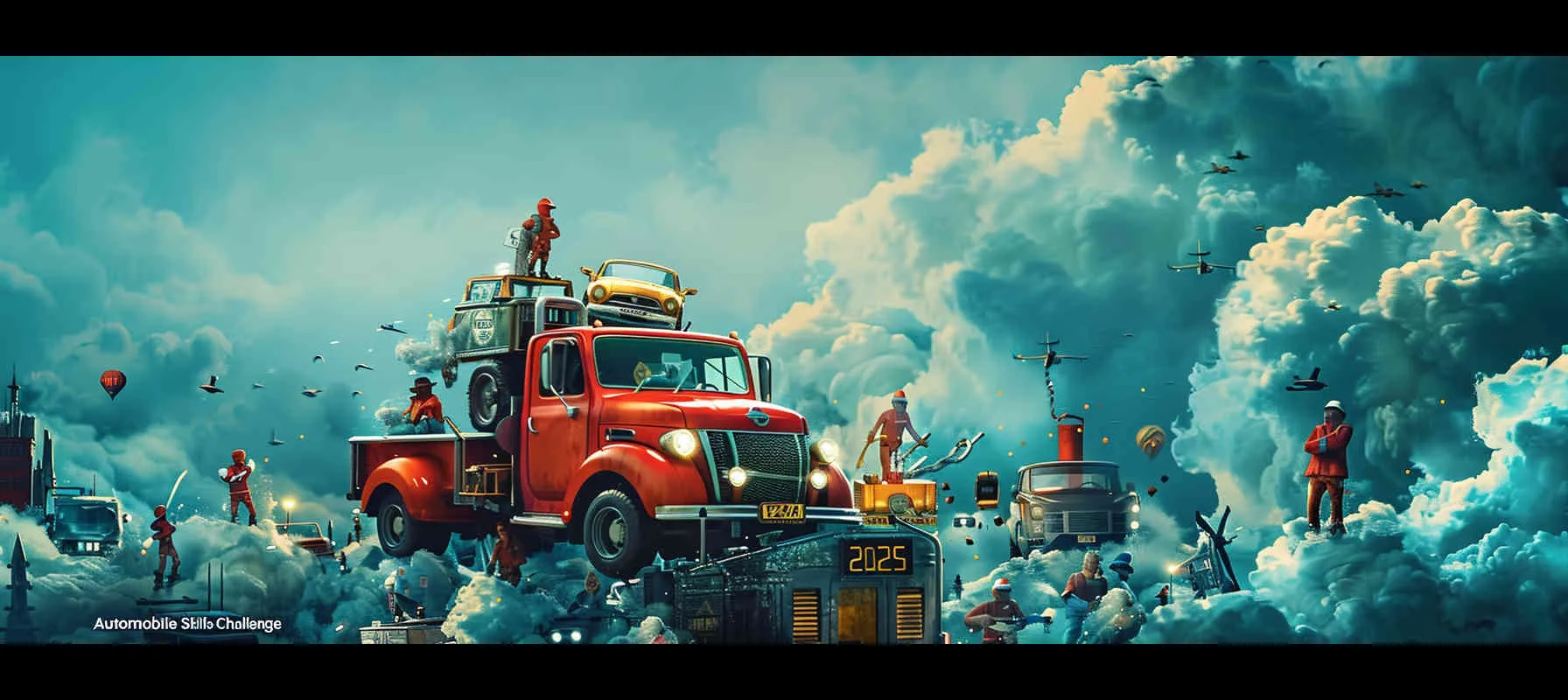 The poster for the "Car Skills Competition" features cartoon characters participating in different activities, with a simple vector design on a blue background. Cars cannot be stacked together. The Nissan ZN manual transmission pickup truck features a red pickup truck with no pattern on the body, with bold text at the top and "2024" at the bottom, with blue, white, and red accents. --ar 8:3 --v 6.0 --style raw - AI绘画作品展示 | Midjourney中文版生成