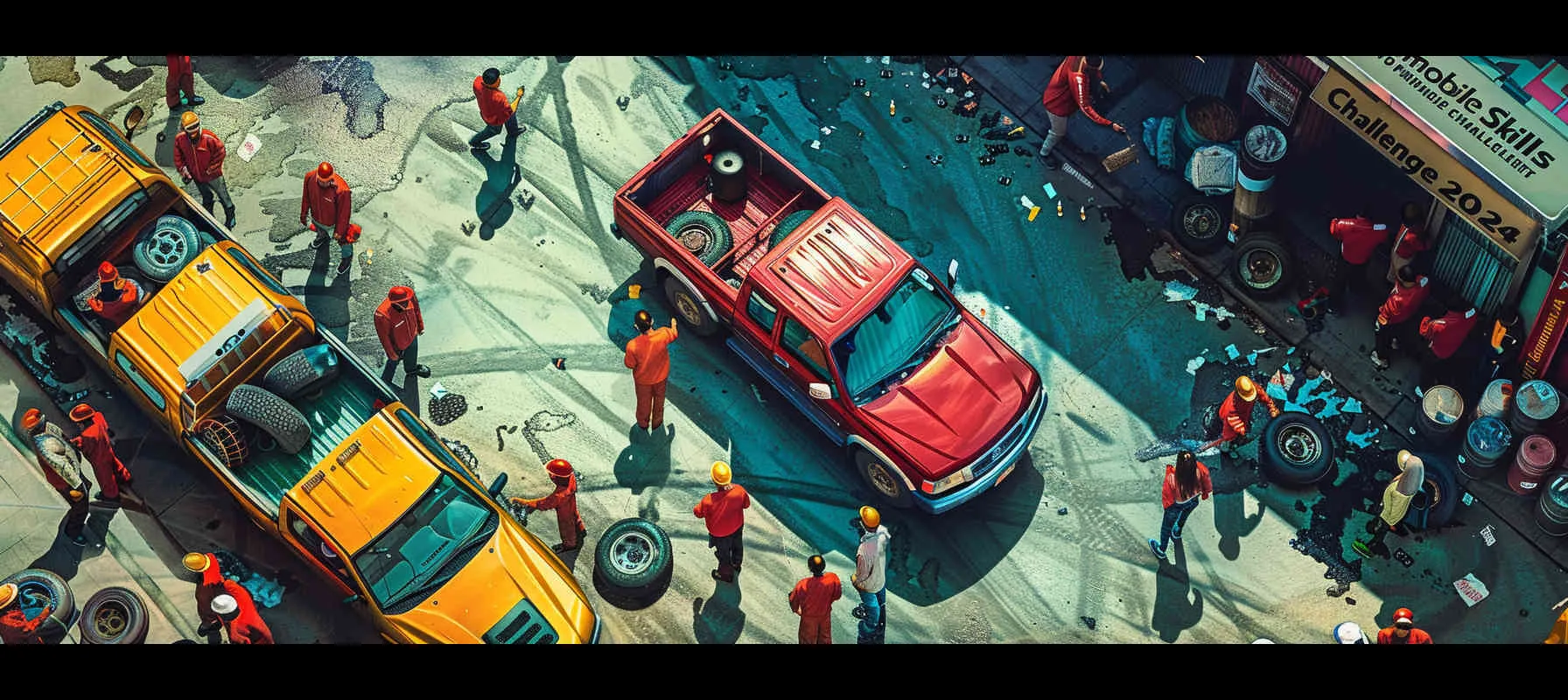 The poster for the "Car Skills Competition" features cartoon characters participating in different activities, with a simple vector design on a blue background. Cars cannot be stacked together. The Nissan ZN manual transmission pickup truck features a red pickup truck with no pattern on the body, with bold text at the top and "2024" at the bottom, with blue, white, and red accents. --ar 8:3 --v 6.0 --style raw - AI绘画作品展示 | Midjourney中文版生成
