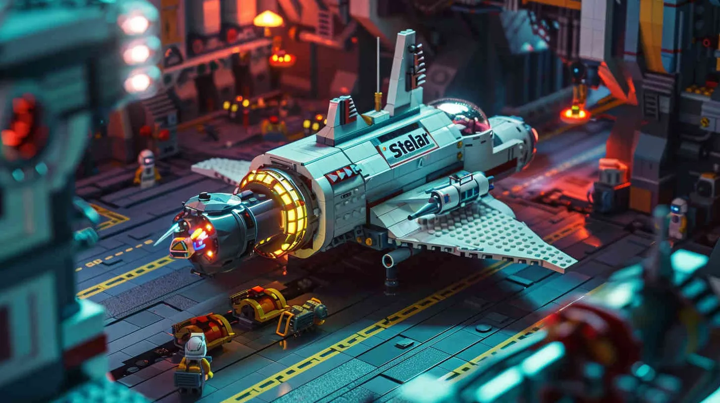 In a LEGO brick style, the vast expanse of the Space Pioneer Base unfolds, showcasing the spaceship 